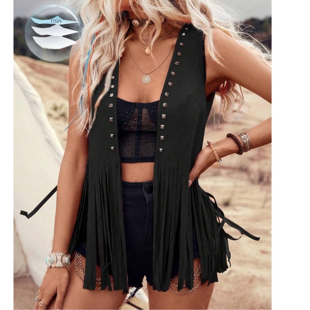Western Studded Fringe Detail Open Front Vest S M L XL